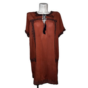 New J GLEE Dress Women's Size XL Brown w/Embroidered Trim Short Sleeve Tunic